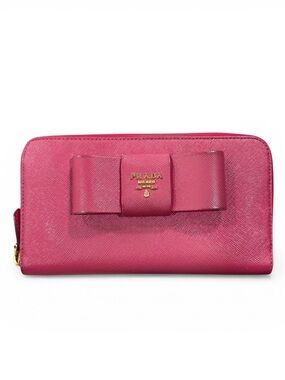 PRADA Pink Saffiano Leather & Gold Bow Large Zippy Wallet